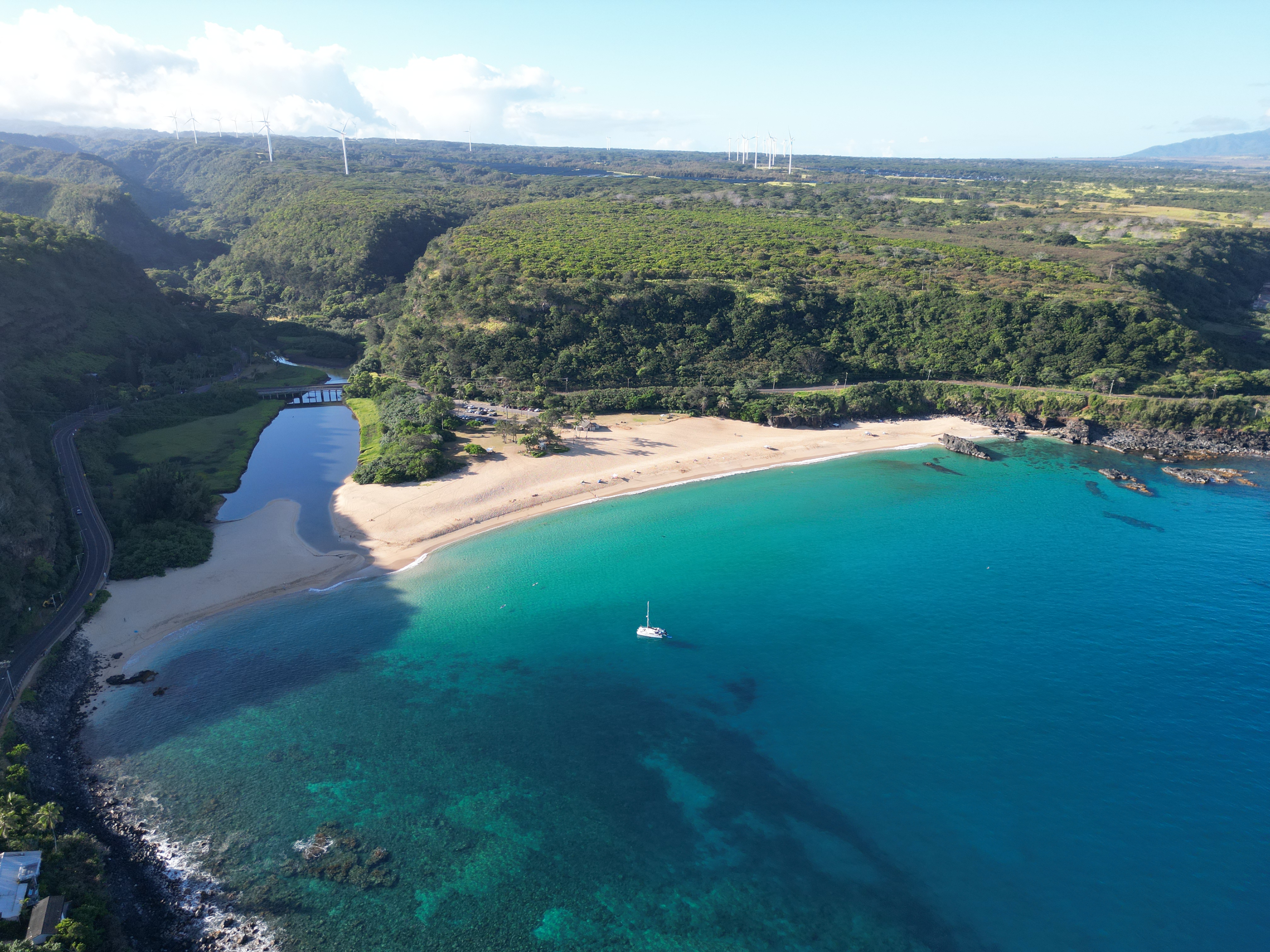 Aerial drone view of Oahu Whale House and the North Shore coastline